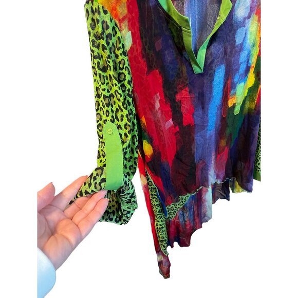 Dor Dor Couture Multicolor Hi Lo Hem Artsy Sheer Tunic Blouse Top Sz XL - Picture 6 of 11